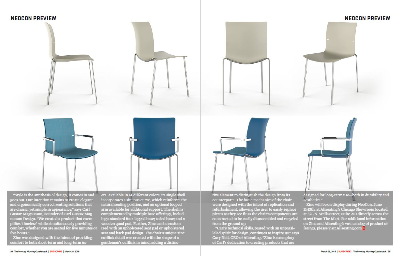 MMQB article of the Allseating Zinc chair developed by Shea+Latone